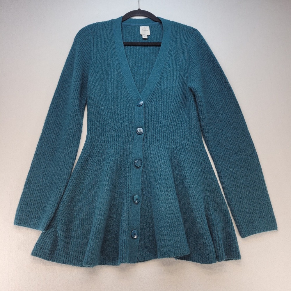Maeve Cardigan Sweater Womens Large Teal Blue Peplum Ribbed Knit Wool Blend